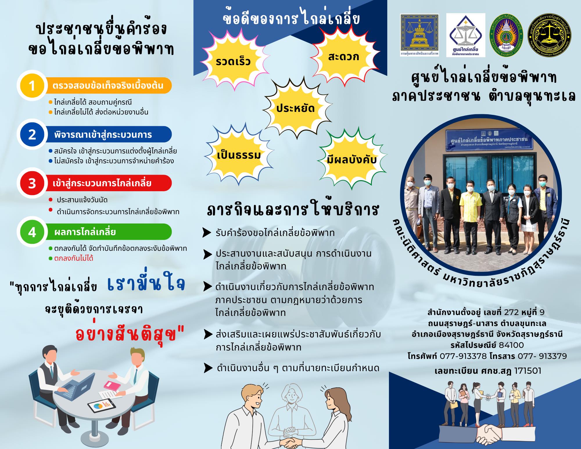 คณะนิติศาสตร์ มรส. ขอเชิญประชาชนในพื้นที่จังหวัดสุราษฎร์ธานีที่มี ข้อพิพาท